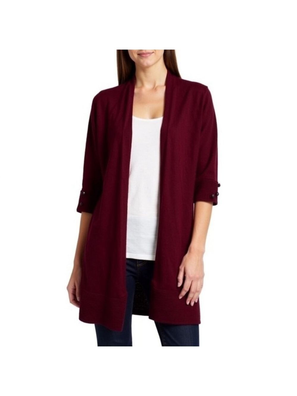 Evolution by Cyrus Ribbed Cardigan Small Burgundy Open Front Knit Lightweight
